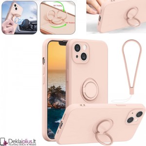 Vennus švelnaus silikono dėklas su žiedu - šviesiai rausvas (telefonui Apple Iphone 13 Mini)